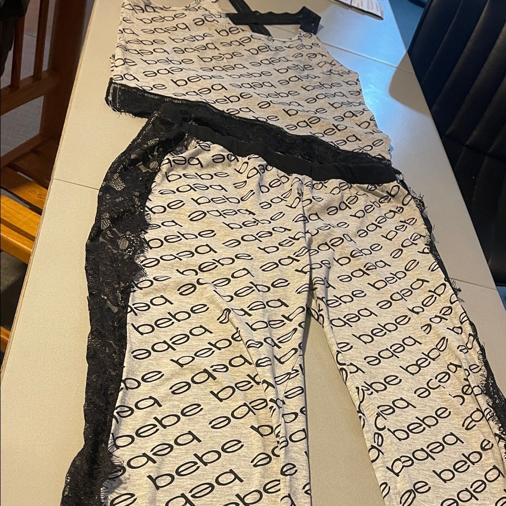 Bebe Monochrome Logo Pajama Set with Black Lace